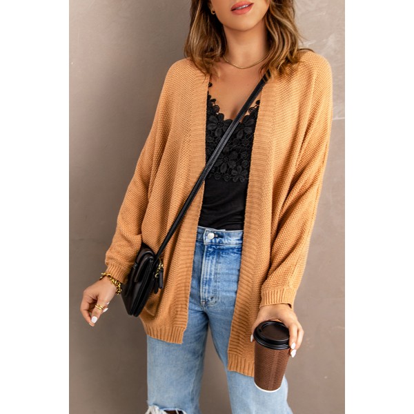 Khaki Open Front Knitted Sweater with Pocket
