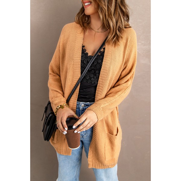 Khaki Open Front Knitted Sweater with Pocket