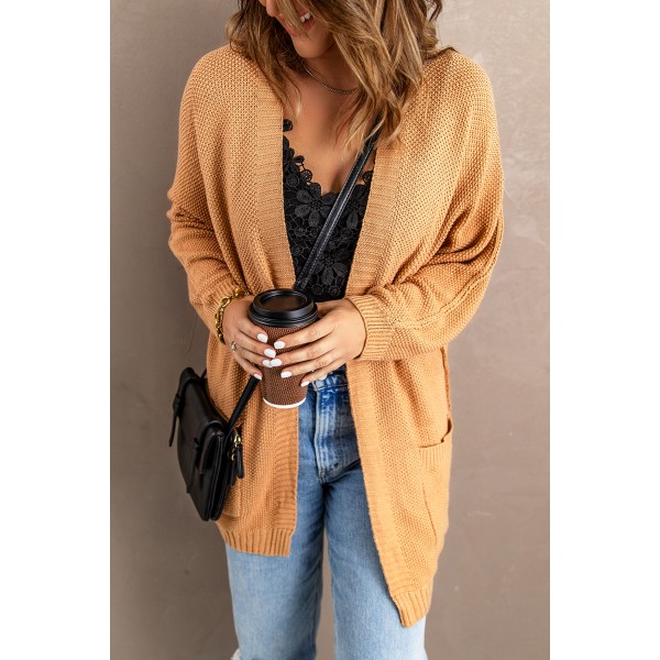 Khaki Open Front Knitted Sweater with Pocket