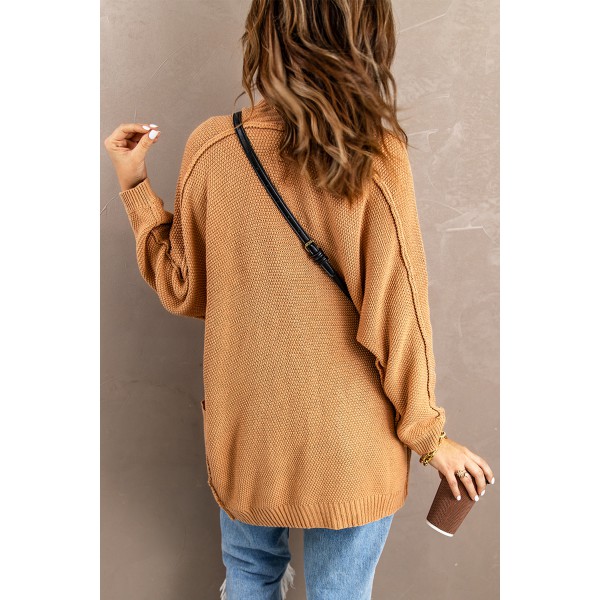 Khaki Open Front Knitted Sweater with Pocket