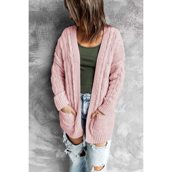 Pink Drop-shoulder Open Front Knitted Sweater