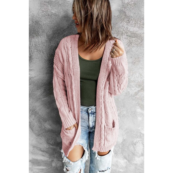 Pink Drop-shoulder Open Front Knitted Sweater