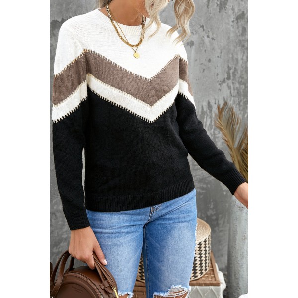 Black Chevron Colorblock Crew Neck Sweater