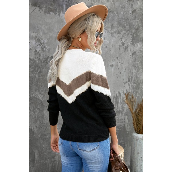 Black Chevron Colorblock Crew Neck Sweater