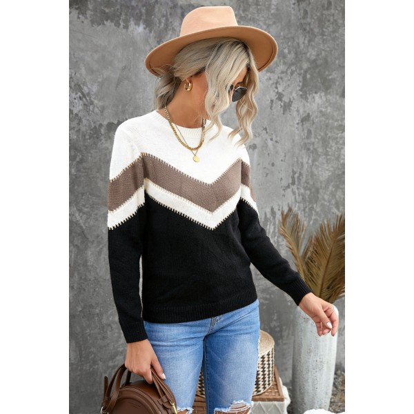 Black Chevron Colorblock Crew Neck Sweater