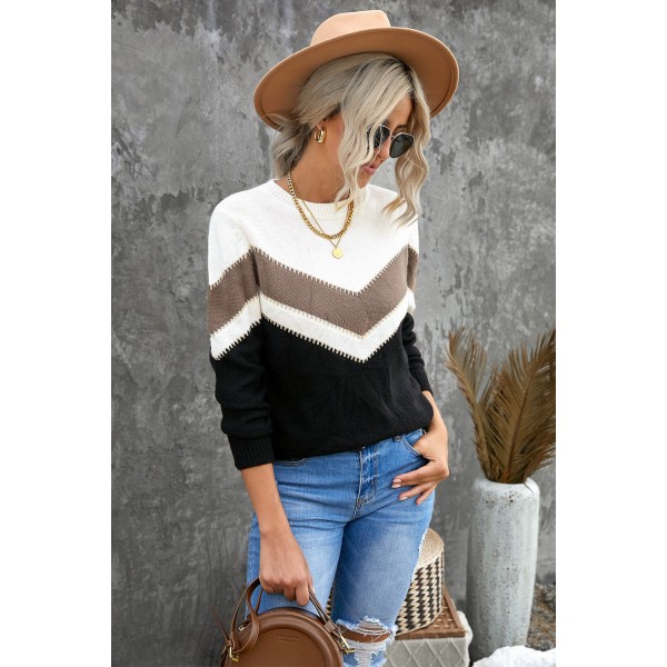 Black Chevron Colorblock Crew Neck Sweater