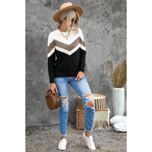 Black Chevron Colorblock Crew Neck Sweater