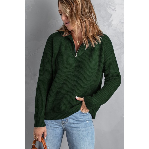 Green Zip Neck Knitted Sweater