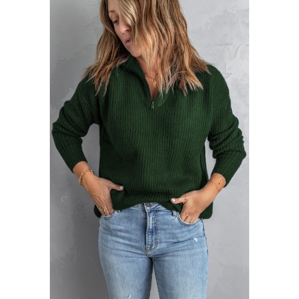 Green Zip Neck Knitted Sweater