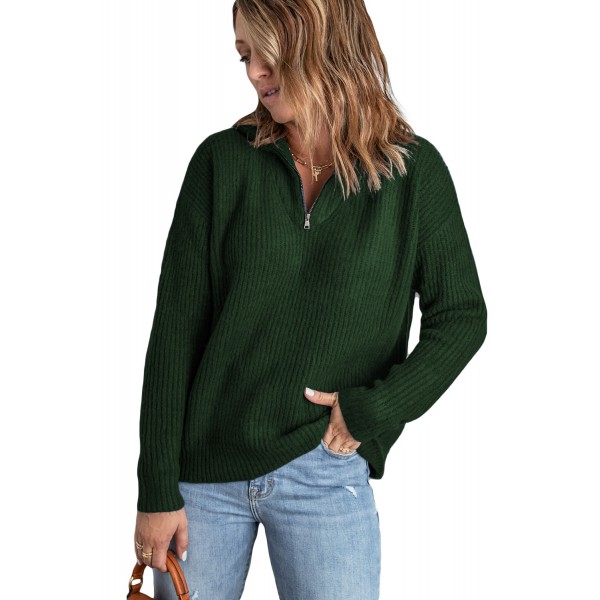 Green Zip Neck Knitted Sweater