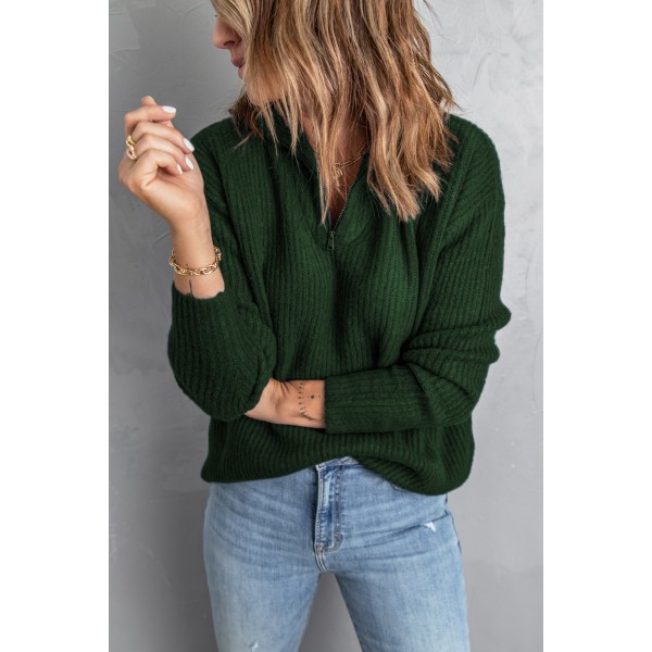 Green Zip Neck Knitted Sweater