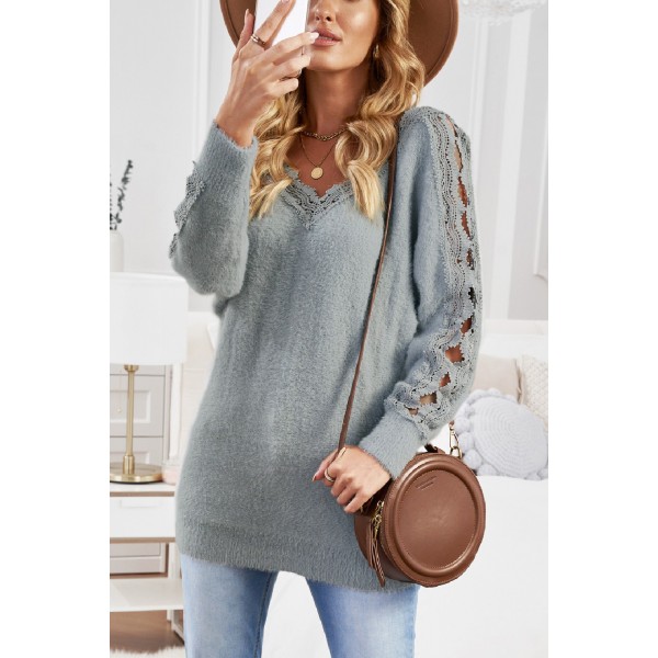 Gray Lace Splicing V Neck Pullover Sweater