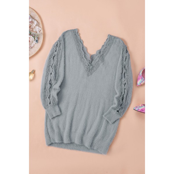 Gray Lace Splicing V Neck Pullover Sweater
