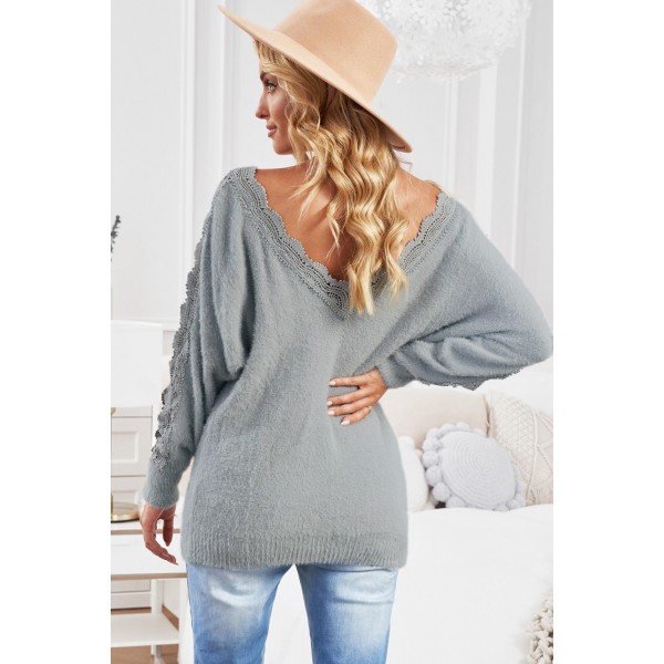 Gray Lace Splicing V Neck Pullover Sweater