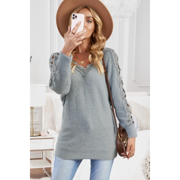 Gray Lace Splicing V Neck Pullover Sweater