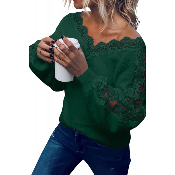 Green Lace Splicing V Neck Pullover Sweater