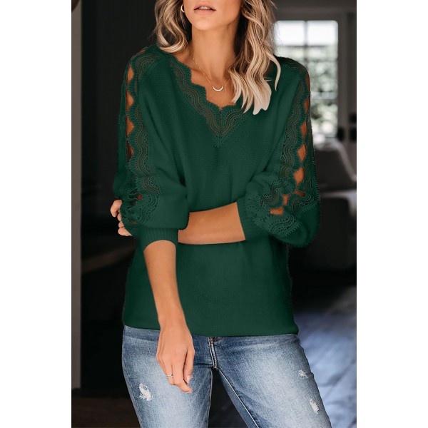 Green Lace Splicing V Neck Pullover Sweater