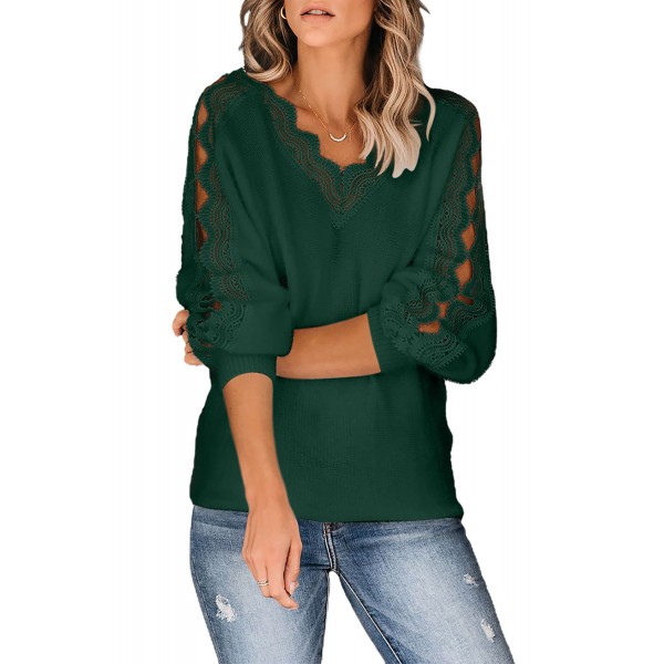 Green Lace Splicing V Neck Pullover Sweater