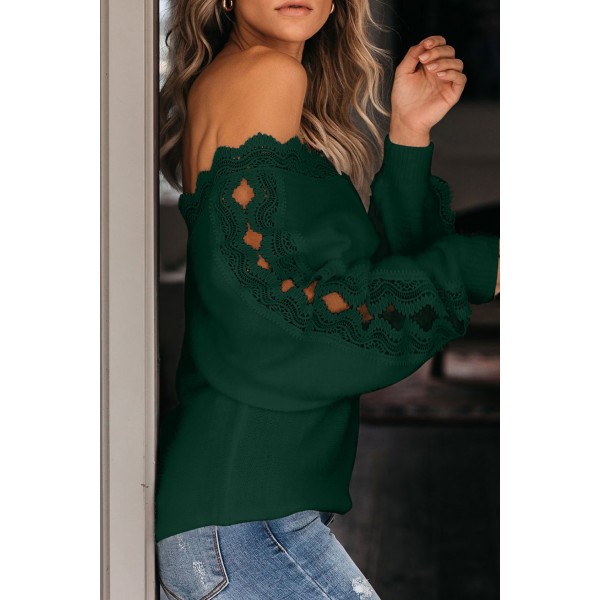 Green Lace Splicing V Neck Pullover Sweater