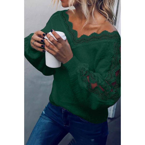 Green Lace Splicing V Neck Pullover Sweater