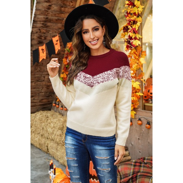 Red V Stripe Pattern Color Block Sweater