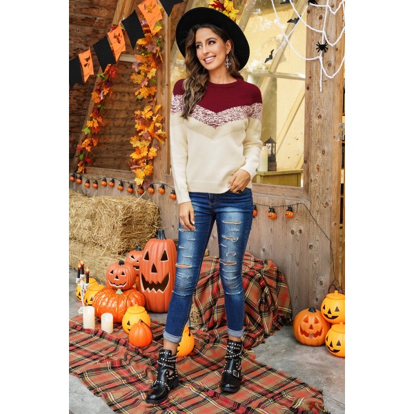 Red V Stripe Pattern Color Block Sweater