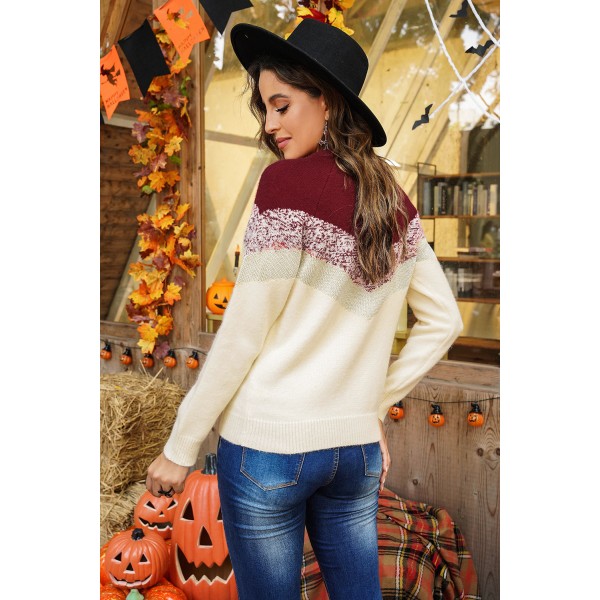 Red V Stripe Pattern Color Block Sweater