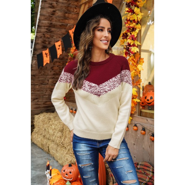 Red V Stripe Pattern Color Block Sweater