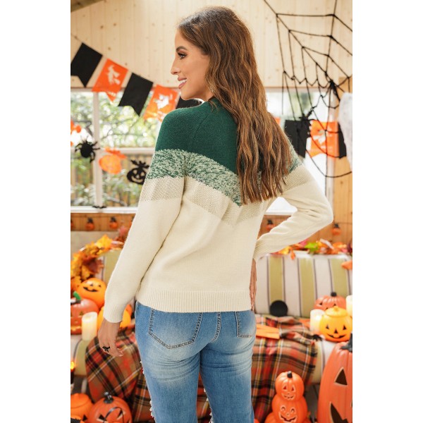 Green V Stripe Pattern Color Block Sweater