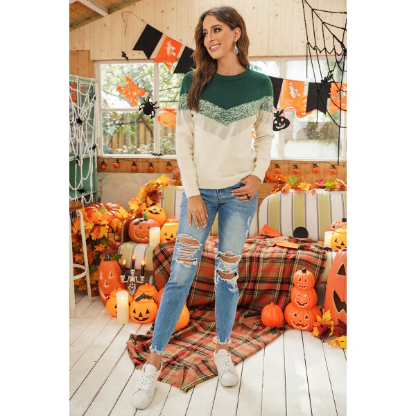Green V Stripe Pattern Color Block Sweater