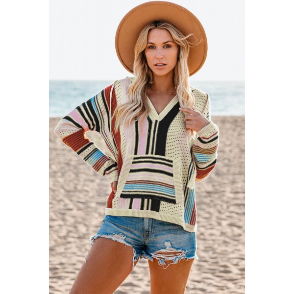 Black Colorblock V Neck Pocket Long Sleeve Sweater