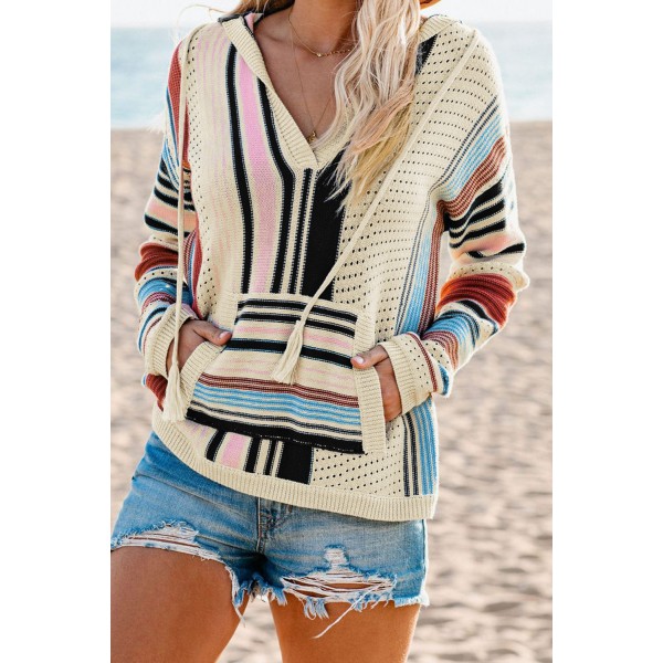 Black Colorblock V Neck Pocket Long Sleeve Sweater
