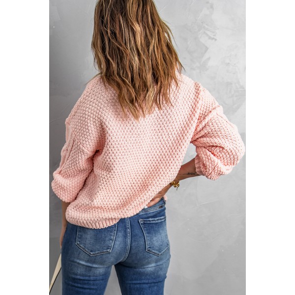 Pink Solid Turtleneck Cable Knit Pullover Sweater