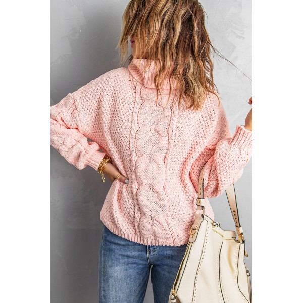 Pink Solid Turtleneck Cable Knit Pullover Sweater