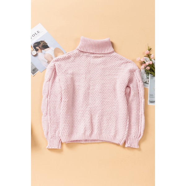 Pink Solid Turtleneck Cable Knit Pullover Sweater