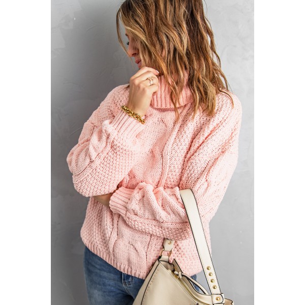 Pink Solid Turtleneck Cable Knit Pullover Sweater