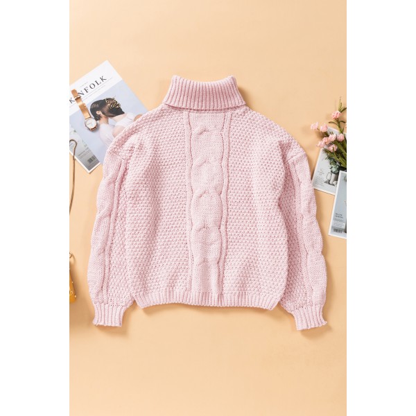 Pink Solid Turtleneck Cable Knit Pullover Sweater