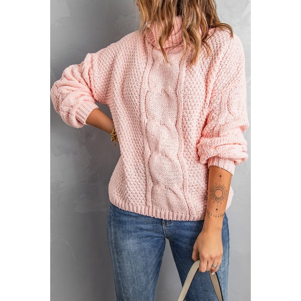 Pink Solid Turtleneck Cable Knit Pullover Sweater