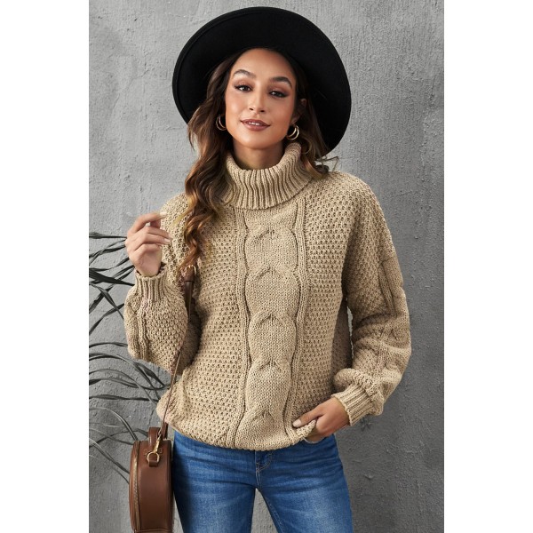 Khaki Solid Turtleneck Cable Knit Pullover Sweater