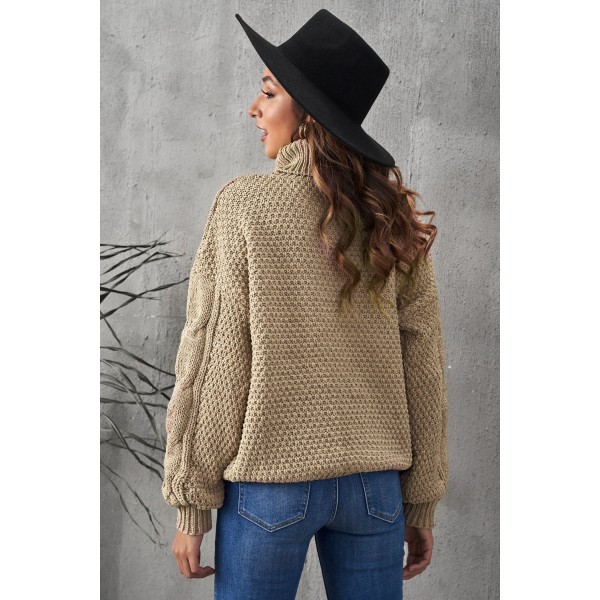 Khaki Solid Turtleneck Cable Knit Pullover Sweater
