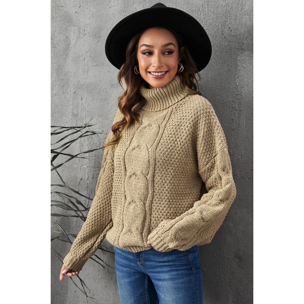 Khaki Solid Turtleneck Cable Knit Pullover Sweater
