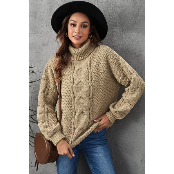 Khaki Solid Turtleneck Cable Knit Pullover Sweater