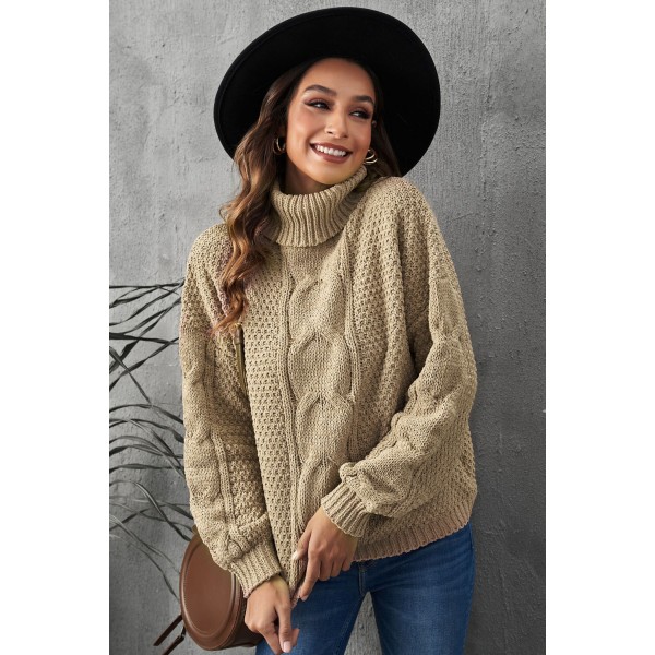 Khaki Solid Turtleneck Cable Knit Pullover Sweater
