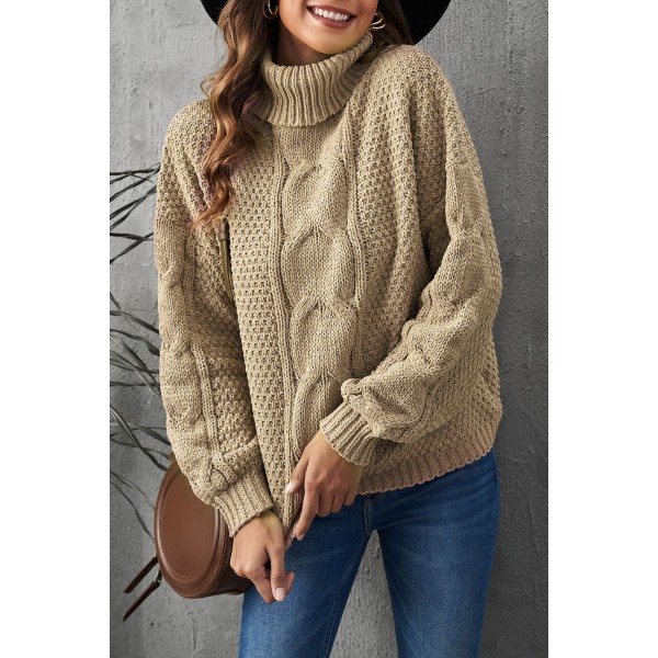 Khaki Solid Turtleneck Cable Knit Pullover Sweater