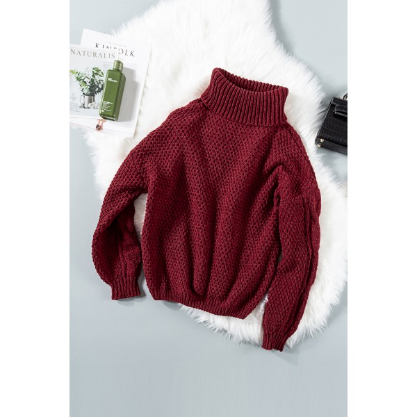 Wine Solid Turtleneck Cable Knit Pullover Sweater