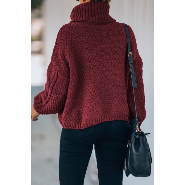 Wine Solid Turtleneck Cable Knit Pullover Sweater
