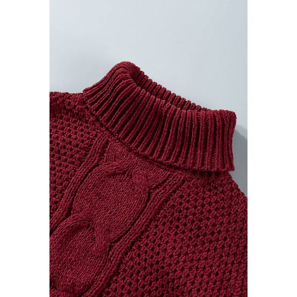 Wine Solid Turtleneck Cable Knit Pullover Sweater