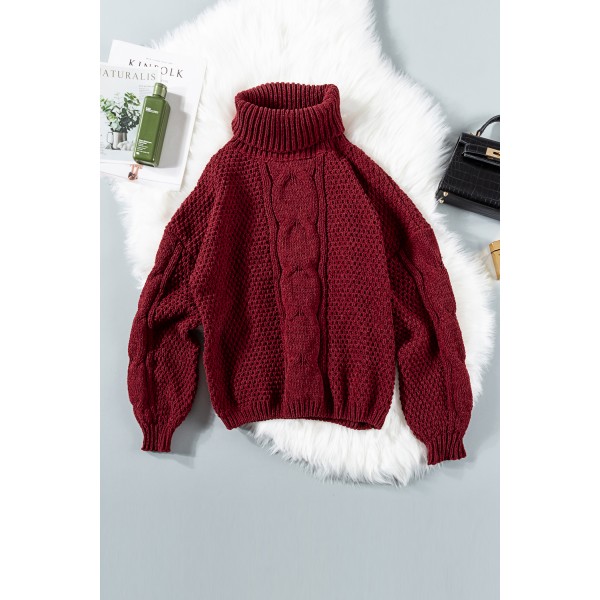 Wine Solid Turtleneck Cable Knit Pullover Sweater