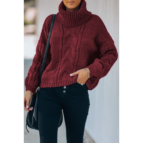Wine Solid Turtleneck Cable Knit Pullover Sweater