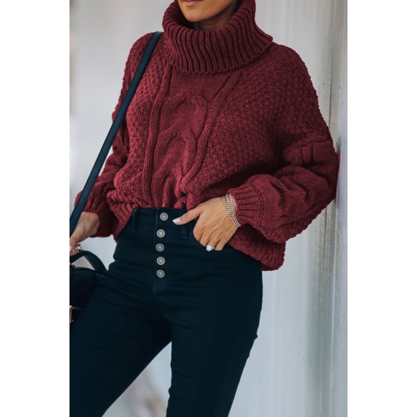 Wine Solid Turtleneck Cable Knit Pullover Sweater